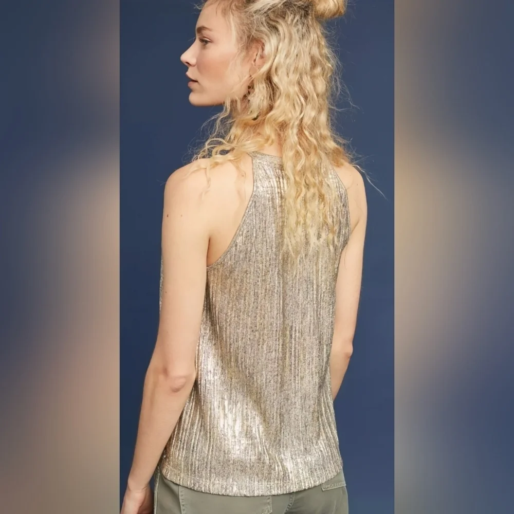 Anthropologie Moulinette Soeurs Shine On Metallic Tank Top S High Neck Stretchy - Picture 4 of 12